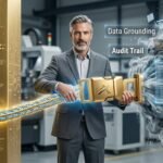 Data Grounding im Mittelstand: AGILERO visualisiert die rechtssichere KI-Integration. Der Sicherheitsgurt als Metapher für Retrieval-Augmented Generation (RAG) und Audit Trail: Die Transformation von statistischem Raten zu einer verifizierten, faktenbasierten KI-Antwort auf Basis eigener Unternehmensdaten.