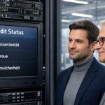 KI-Architekt und CFO prüfen im Serverraum eines Industrieunternehmens den Status eines KI-Audits mit Datensouveränität, Faktentreue und Revisionssicherheit