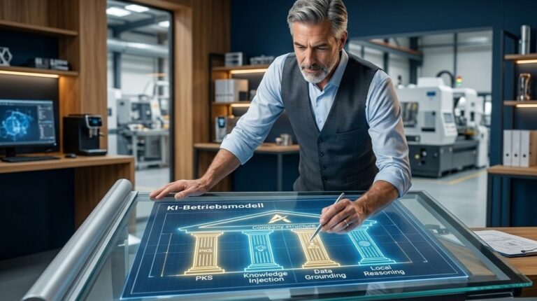 Strategische KI-Planung im Mittelstand: Der AGILERO-Architekt am digitalen Zeichentisch beim Entwurf eines sicheren KI-Betriebsmodells. Die Visualisierung zeigt die vier Kernpfeiler der Datensouveränität: Proprietary Knowledge System (PKS), Knowledge Injection, Data Grounding und Local Reasoning als Basis für eine zukunftssichere Unternehmensstruktur.