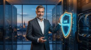 AGILERO Local Reasoning: Der KI-Architekt präsentiert die On-Premise-Infrastruktur für sichere KI-Logik im Unternehmen. Hochwertiges Keyvisual zur digitalen Souveränität, das den Betrieb von Reasoning-Modellen auf eigener Hardware als wertvolles Firmen-Asset visualisiert.