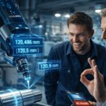 Ein Betriebsleiter und ein Mitarbeiter aus der Produktion stehen in einer modernen Fertigungshalle und beobachten einen Roboterarm, der ein Metallbauteil mit einem Laser hochpräzise vermisst. Digitale Anzeigen zeigen verschiedene Messwerte. Der Betriebsleiterformt mit Daumen und Zeigefinger ein „Perfekt“-Symbol.