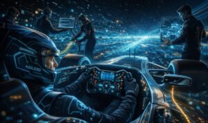 Visualisierung eines Multi-Agenten-Workflows: Der menschliche Entscheider im Cockpit führt das Intent-Engineering aus, unterstützt von einer kooperierenden KI-Agenten-Instanz im Boxenstopp-Szenario, basierend auf Local Reasoning und SLM-Technologie.