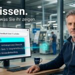 Ein erfahrener Manager sitzt in einem modernen Büro vor einem Monitor mit einer KI-Dashboard-Suche; im Hintergrund ist eine Industrie-Produktionshalle durch eine Glaswand sichtbar.