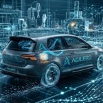 Visualisierung eines Small Language Models (SLM) in Aktion: Ein deutsches Kompaktklasse-Fahrzeug navigiert im hochdimensionalen Koordinatensystem, wobei ein interner Vektor-Kern die kognitiven Prozesse und die lokale Hardware-Effizienz darstellt.