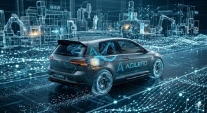 Visualisierung eines Small Language Models (SLM) in Aktion: Ein deutsches Kompaktklasse-Fahrzeug navigiert im hochdimensionalen Koordinatensystem, wobei ein interner Vektor-Kern die kognitiven Prozesse und die lokale Hardware-Effizienz darstellt.