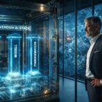 AGILERO Sovereign AI Stack mit den Säulen Infrastruktur, Modell und Firmenwissen in einem sicheren Unternehmensraum – AI Architekt kontrolliert die KI während externe Hyperscaler draußen bleiben.