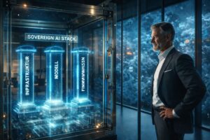 AGILERO Sovereign AI Stack mit den Säulen Infrastruktur, Modell und Firmenwissen in einem sicheren Unternehmensraum – AI Architekt kontrolliert die KI während externe Hyperscaler draußen bleiben.