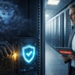 Der IT-Leiter im Rechenzentrum entdeckt versteckte Sicherheitslücke durch US Cloud Act – symbolisiert durch einen geheimen Master-Key im Serverrack.