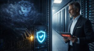 Der IT-Leiter im Rechenzentrum entdeckt versteckte Sicherheitslücke durch US Cloud Act – symbolisiert durch einen geheimen Master-Key im Serverrack.