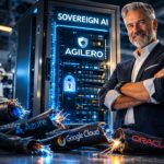 AGILERO KI-Architekt schützt lokalen KI-Server vor externen Cloud-Anbietern – durchtrenntes Glasfaserkabel symbolisiert Air-Gap und digitale Souveränität.