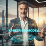 Ein moderner KI-Architekt im AGILERO-Stil formt souverän ein leuchtendes 3D-Vektorgitter eines KI-Betriebsmodells in einem lichtdurchfluteten Büro mit europäischer Stadt-Silhouette im Hintergrund.