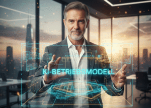 Ein moderner KI-Architekt im AGILERO-Stil formt souverän ein leuchtendes 3D-Vektorgitter eines KI-Betriebsmodells in einem lichtdurchfluteten Büro mit europäischer Stadt-Silhouette im Hintergrund.