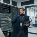 AGILERO IT-Partner überprüft die 5 Prinzipien des KI-Betriebsmodells an einem holografischen Governance-Display in einem industriellen Serverraum.