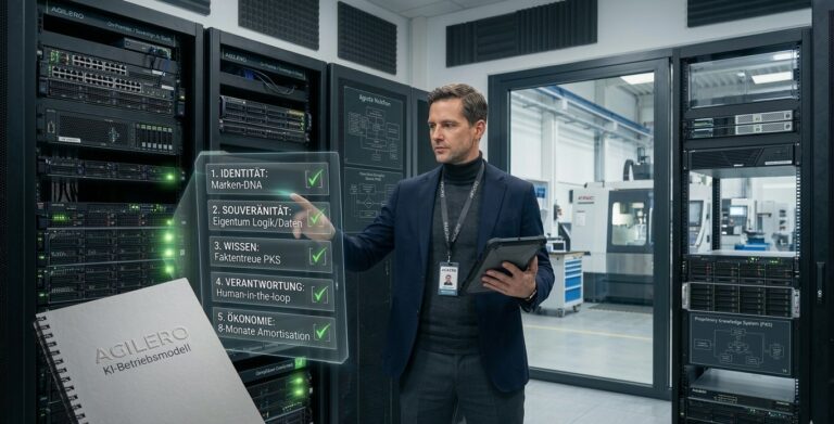AGILERO IT-Partner überprüft die 5 Prinzipien des KI-Betriebsmodells an einem holografischen Governance-Display in einem industriellen Serverraum.