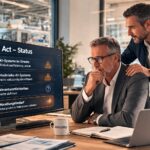 Geschäftsführer betrachtet EU-AI-Act-Dashboard mit unklarer Risikoklassifizierung, während ein KI-Architekt unterstützend neben ihm steht