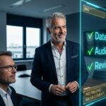 AGILERO KI-Berater erläutert einem Mittelstands-Geschäftsführer die Ergebnisse eines KI-Audits: Datensouveränität, Auditierbarkeit und Revisionssicherheit als geprüfte Kriterien