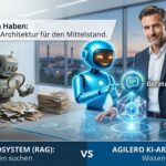 ergleich von KI-Architekturen: Ein souveräner Berater mit moderner PKS-Struktur gegenüber einer veralteten KI-Suche mit Lupe und Aktenstapeln.